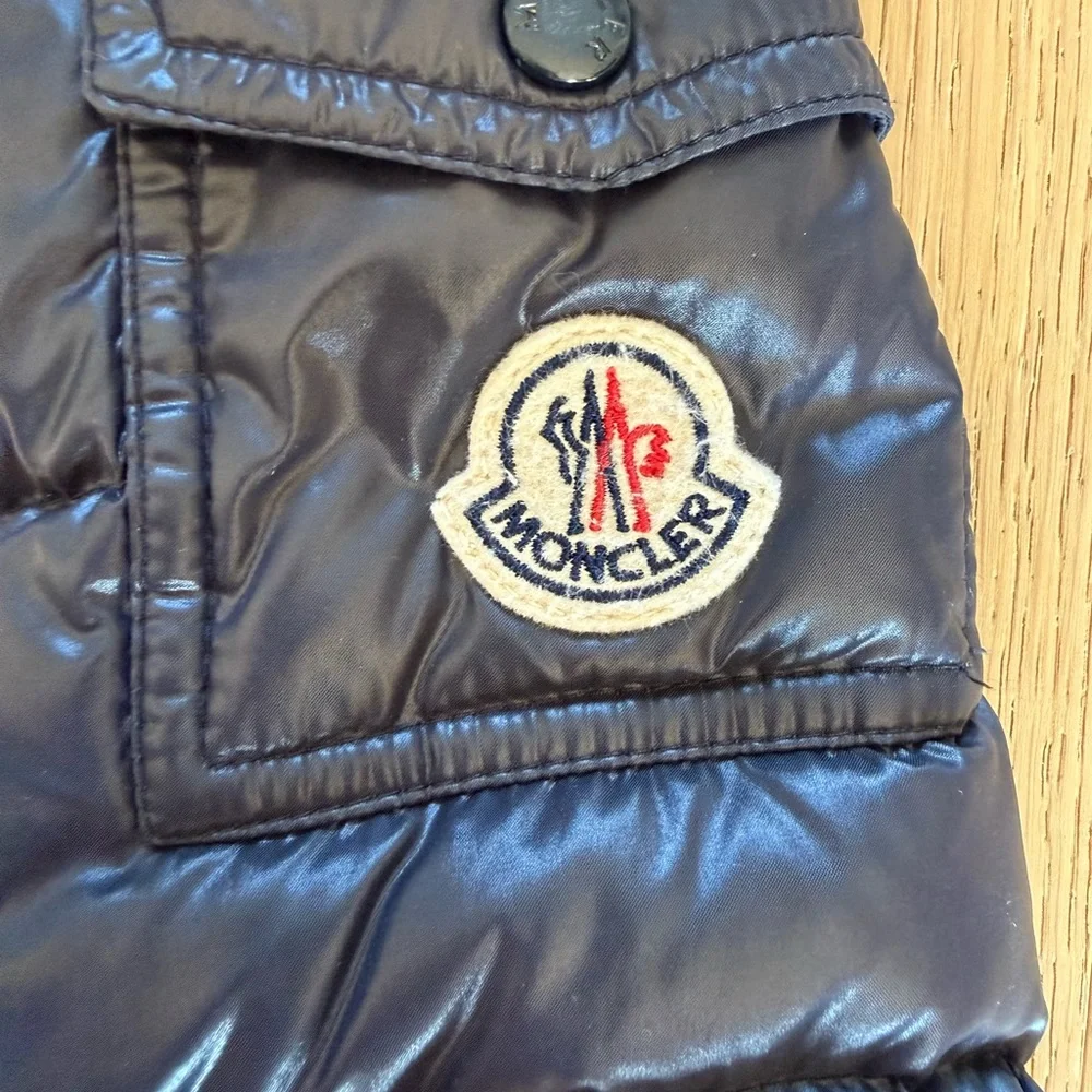 Moncler New Maya Down Jacket in classic navy blue, boys size 8.